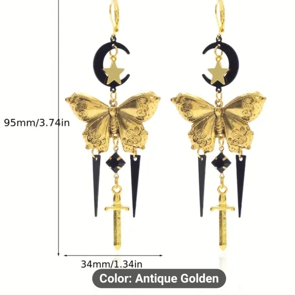 Butterfly Earrings Gold Tone Black Dagger Moon Star Crystal Statement Long New - Picture 6 of 6